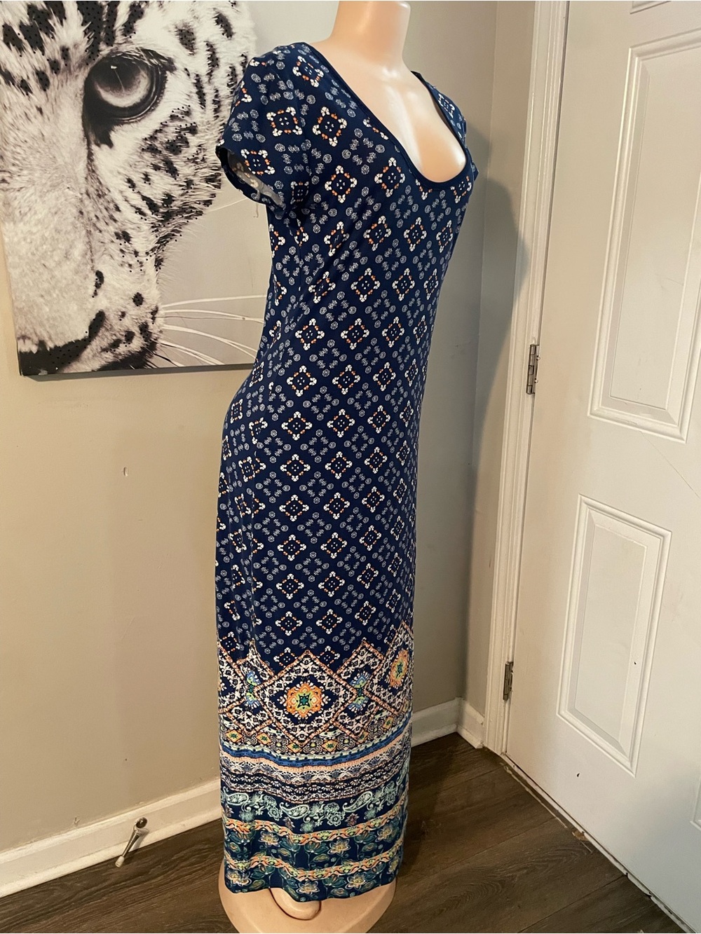 90s Derek Heart Women's Navy Patterned Maxi Dress geometric print Large comfy - Picture 6 of 8